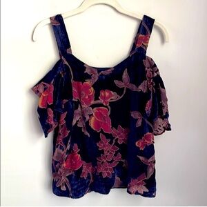 New Lucky Brand Floral Velvet Blue & Pink Burnout Off-Shoulder Top Size Small